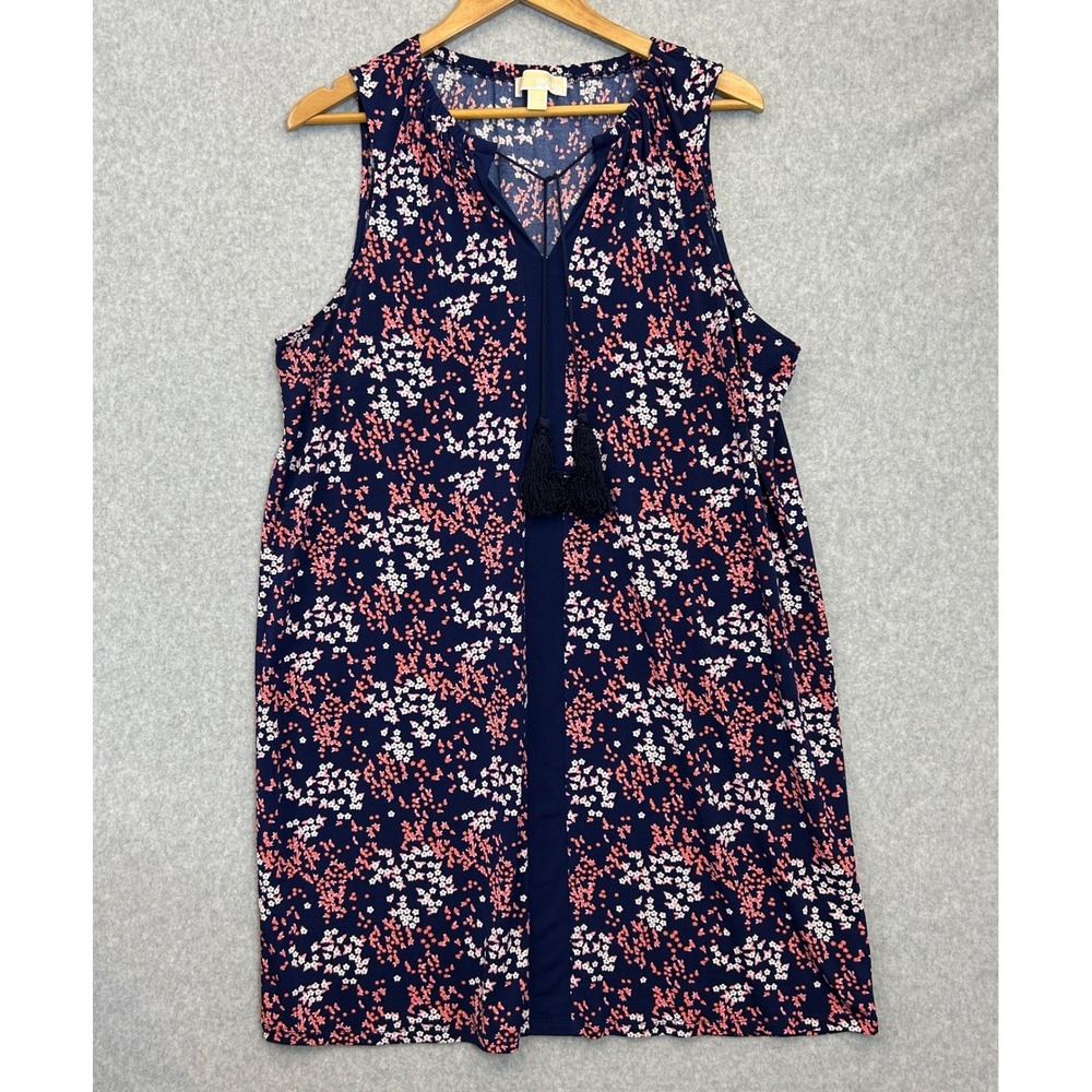 Michael Kors XL Shift Tank Dress Navy Blue Ditsy Floral Boho Tassel Tie V Neck